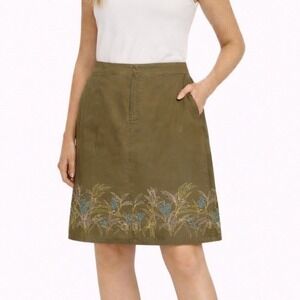 NWT Liz Claiborne Cottage Embroidered A-Line Cotton Skirt Midi Women 8 Olive